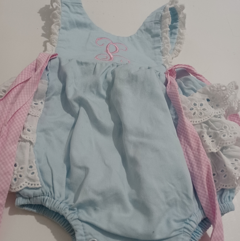 Darling Mae Ricrac & Ruffles  Months baby girl Bubble Romper Ruffle Butt conditi